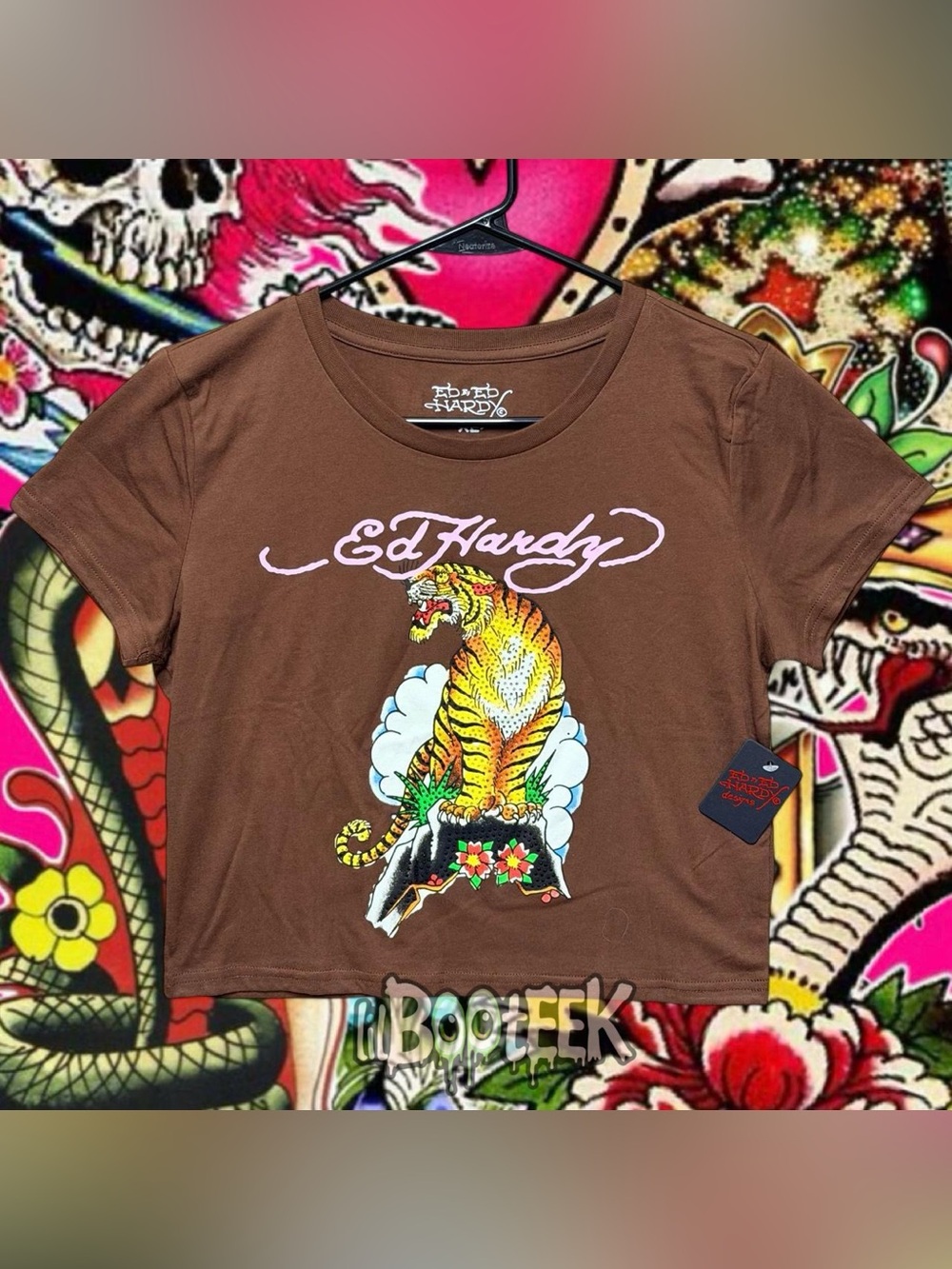 Ed Hardy XL Cocoa Brown Crop Tee Rhinestone Tiger Graphic and Pink Logo NwT Y2K